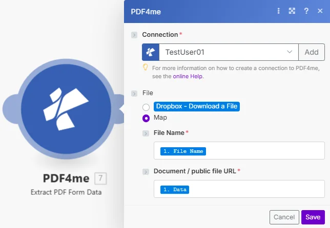 Clique para ampliar O módulo "Make PDF4me Extract PDF Form Data" mostra a conexão, o arquivo definido para mapeamento, o nome do arquivo mapeado a partir de 1. Nome do arquivo e o URL do documento/arquivo público mapeado a partir de 1. Dados.